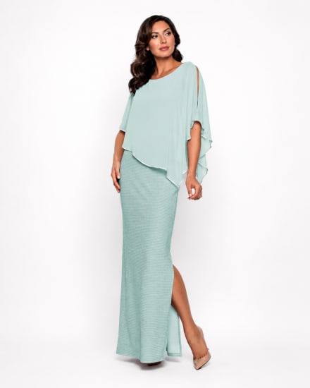 Aleyna — robe longue droite cape mousseline strass fente