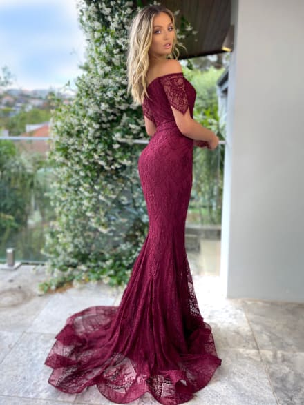 Maelie — robe longue sirène bustier épaules dénudées décolleté Bardot dentelle ceinture