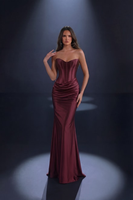 Natasha robe longue bustier fourreau corset baleines drapé taille satinée