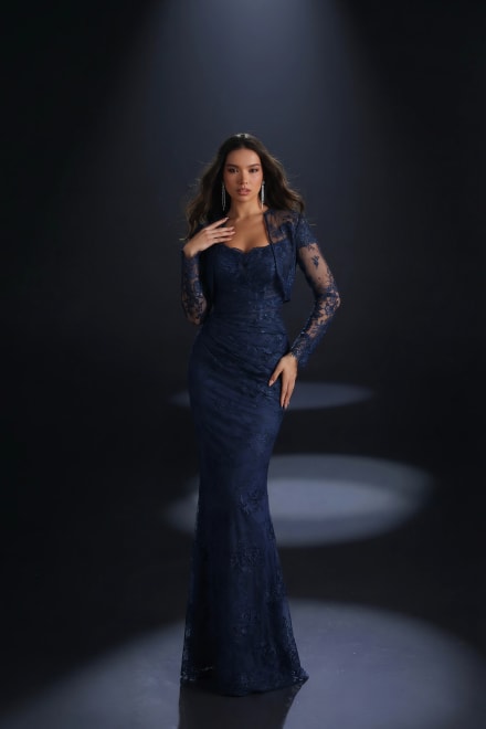 Noémy - Robe longue sirène en dentelle bleu marine avec boléro assorti