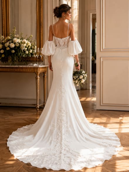 Méva - Robe de mariée longue coupe sirène en crêpe et dentelle