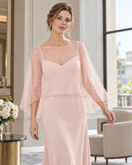 Cape courte en tulle rose poudré transparent ornée de perles