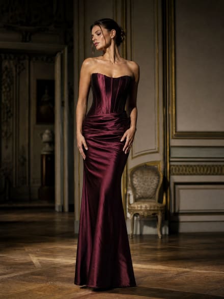 Natasha robe longue bustier fourreau corset baleines drapé taille satinée