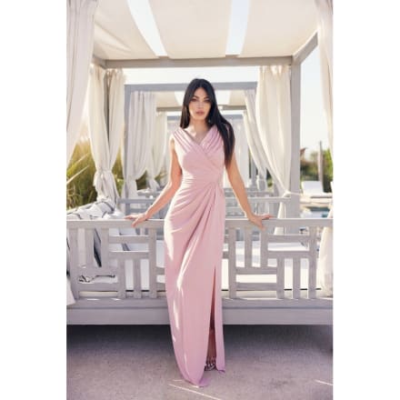 Harper — robe longue fourreau jersey plissé perles fente