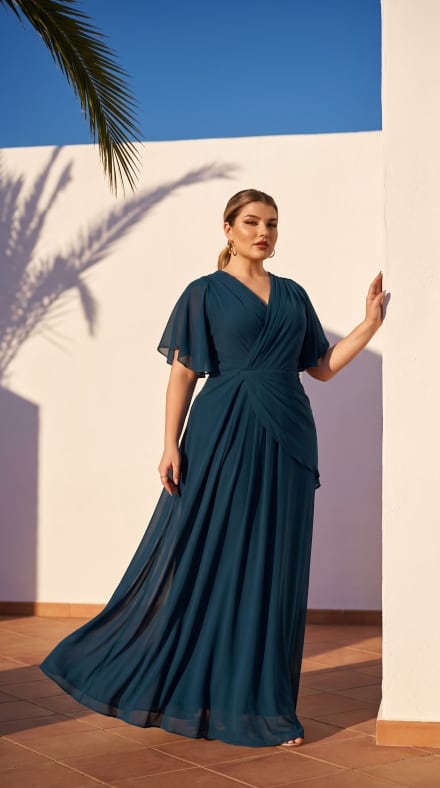 Odalys - Robe longue drapée en mousseline à manches papillon