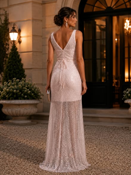 Dyanna — robe longue sequins perles fente jambe