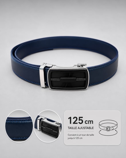 Ceinture homme bleu marine ajustable boucle automatique rectangulaire noire avec contour en métal argenté