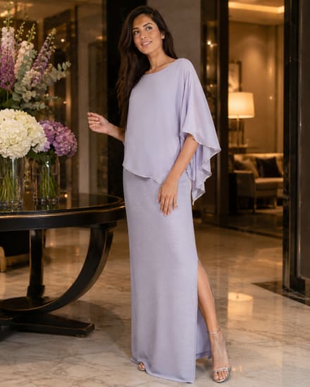 Aleyna — robe longue droite cape mousseline strass fente