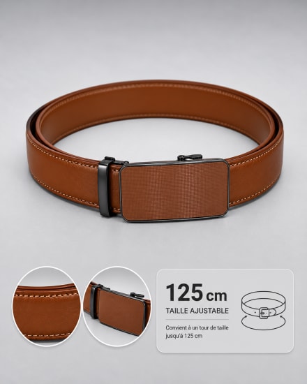 Ceinture homme cognac ajustable boucle automatique rectangulaire façade texturée
