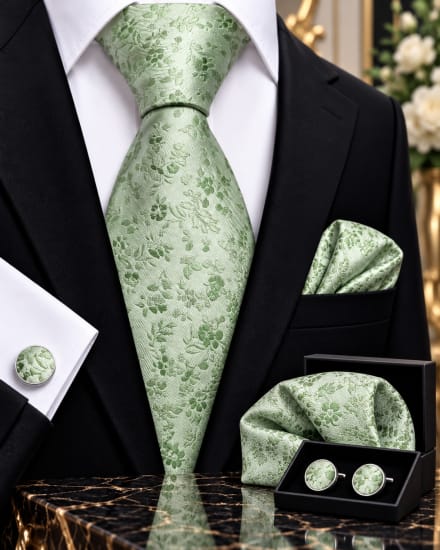 Ensemble cravate, pochette et boutons de manchette vert sauge a petites fleurs