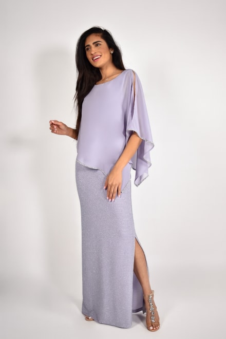 Aleyna — robe longue droite cape mousseline strass fente