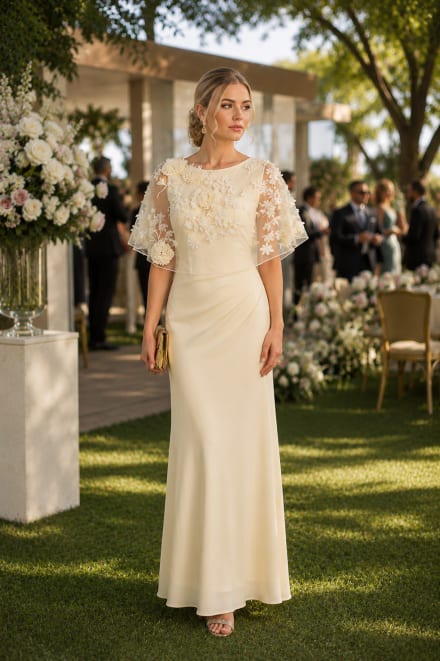 Mickaela — robe longue fluide empiècement tulle applications florales