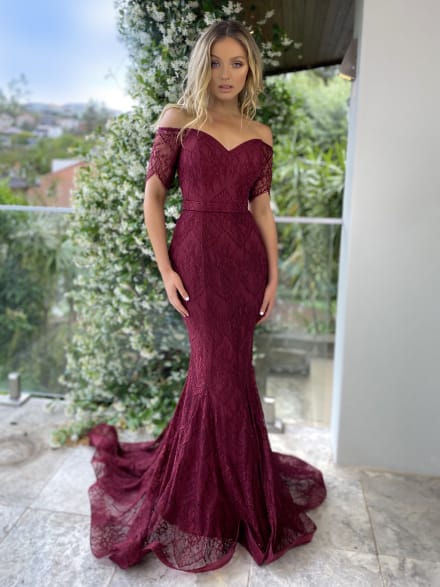 Maelie — robe longue sirène bustier épaules dénudées décolleté Bardot dentelle ceinture