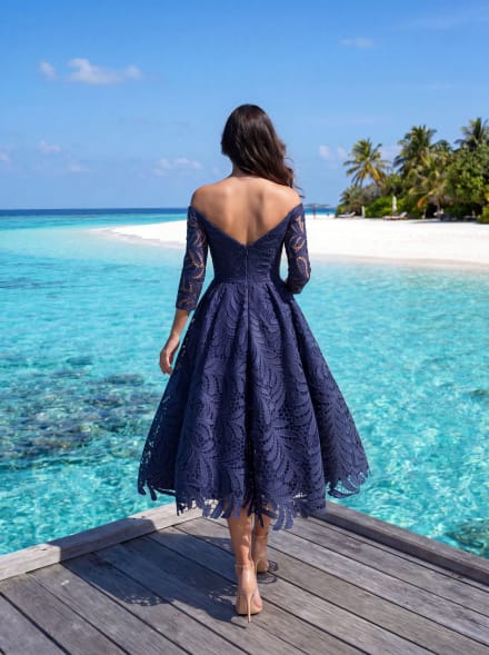 Oprah - Robe en dentelle guipure longueur midi – épaules dénudées et manches 3/4