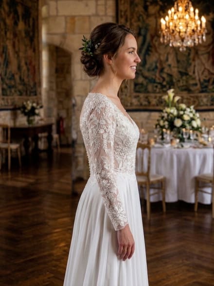 Milly - Robe de mariée bohème en broderie florale à manches longues et jupe fluide