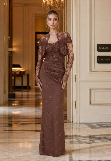 Noémy - Robe longue sirène en dentelle marron avec boléro assorti