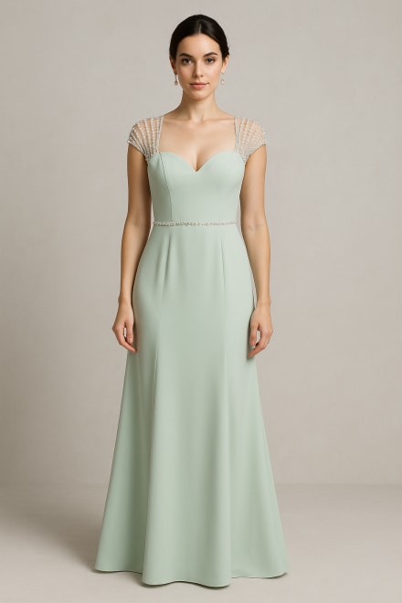 Lucia — robe longue crêpe décolleté cœur perles ceinture strass dos tulle perlé