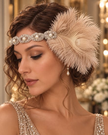 Bandeau à Plumes Nude avec Strass et Perles – Style Rétro Élégant