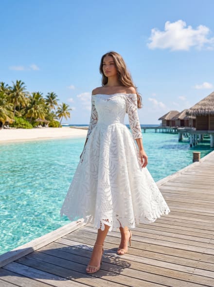 Oprah - Robe en dentelle guipure longueur midi – épaules dénudées et manches 3/4