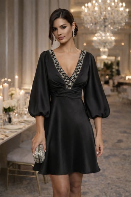 Opale — robe courte satin noir décolleté V galon bijou