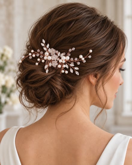 Peigne à cheveux champagne rosé orné de perles et cristaux