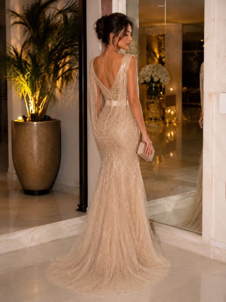 Aloïs — robe longue fourreau dentelle perles sequins ceinture satin