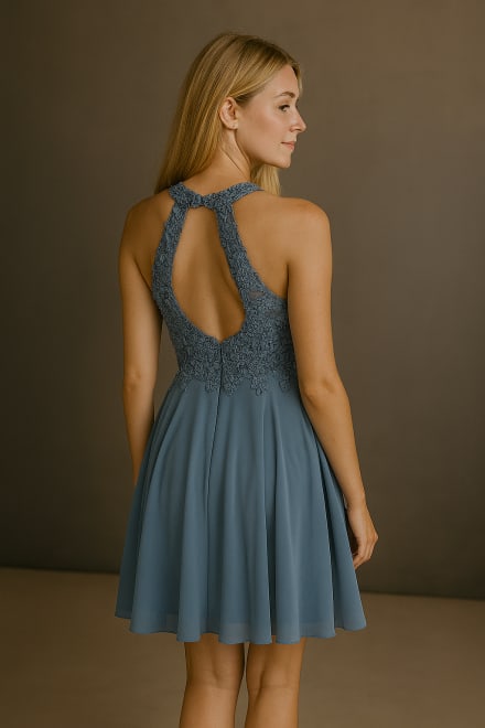 Belinda — robe courte dentelle mousseline strass bleu