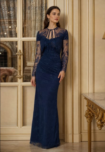 Noémy - Robe longue sirène en dentelle bleu marine avec boléro assorti