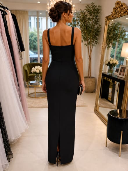 Roseline — robe droite bretelles satin boutons bijoux