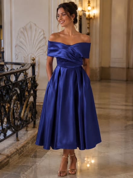 Cécilia — robe 3/4 bustier épaules dénudées plissé croisé laçage dos satin poches