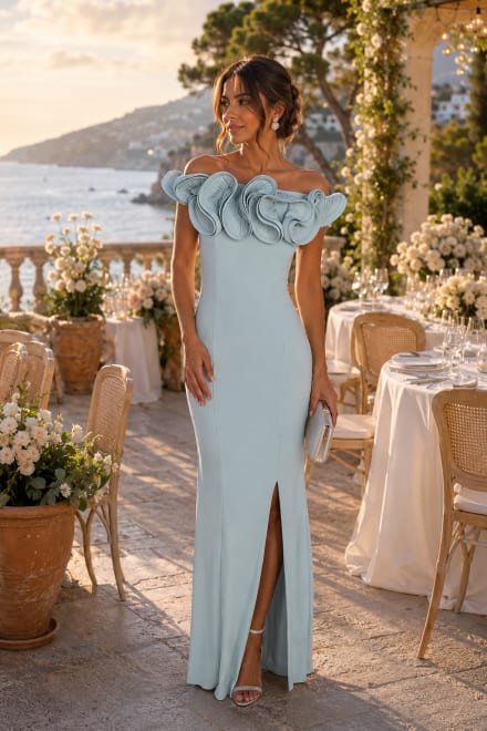 Shayla - Robe longue près du corps à encolure volantée