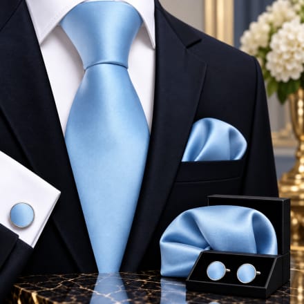 Ensemble cravate, pochette et boutons de manchette bleu ciel uni