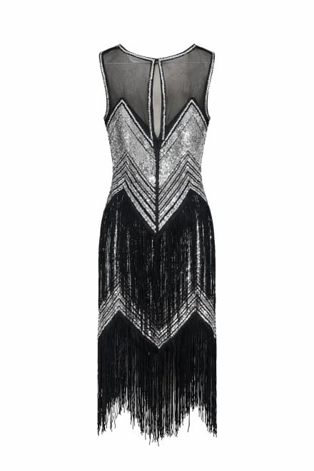 Suzanne — robe mi-longue tulle sequins franges décolleté transparent