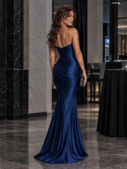 Natasha robe longue bustier fourreau corset baleines drapé taille satinée
