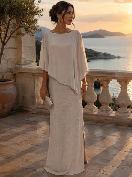 Aleyna — robe longue droite cape mousseline strass fente