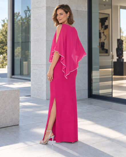 Aleyna — robe longue droite cape mousseline strass fente