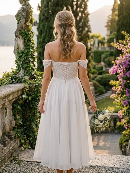 Béryl - Robe de mariée midi en mousseline fluide, bustier en dentelle brodée et épaules dénudées