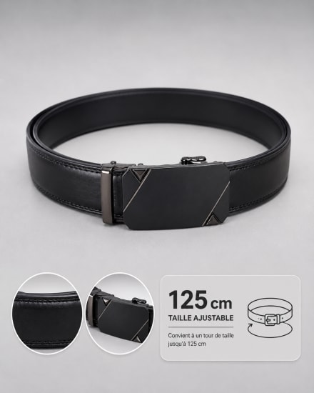 Ceinture homme noire ajustable boucle rectangulaire en métal noir détails métalliques