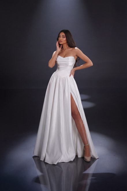 Laeticia — robe longue bustier satin drapé fente haute