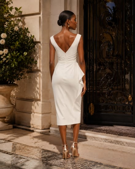 Nina - robe courte fourreau décolleté V drapés taille longueur sous genoux