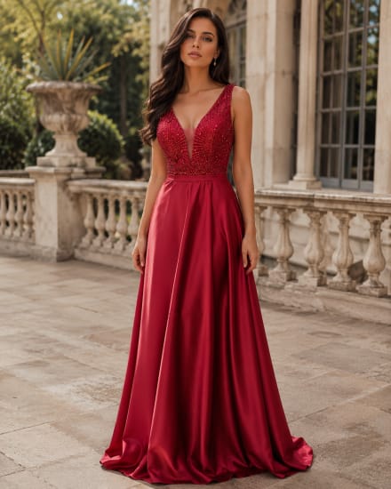 Ciara — robe longue satin fluide décolleté V paillettes perles