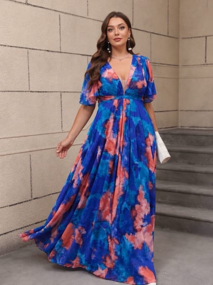 Néssa - Robe de cérémonie longue imprimée à manches papillon