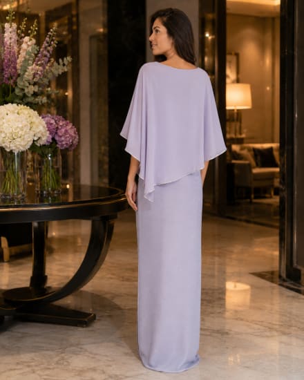 Aleyna — robe longue droite cape mousseline strass fente