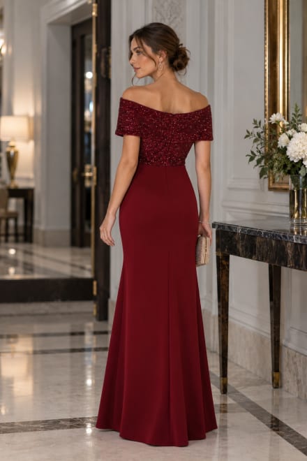 Bryana - Robe longue de soirée à bustier pailleté, épaules dénudées et jupe drapée