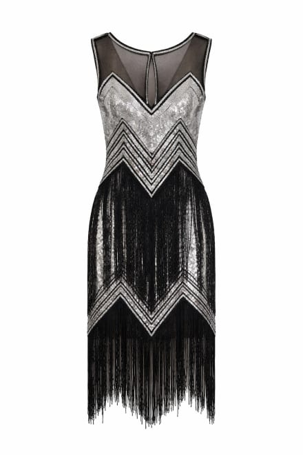 Suzanne — robe mi-longue tulle sequins franges décolleté transparent