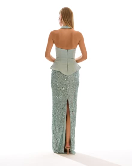 Donia - Robe longue bustier à sequins vert d’eau