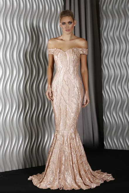 Albine — robe longue sequins champagne petite traîne