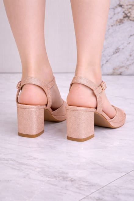 Sandales argentées talon bloc 5 cm pailletées bride cheville plateforme