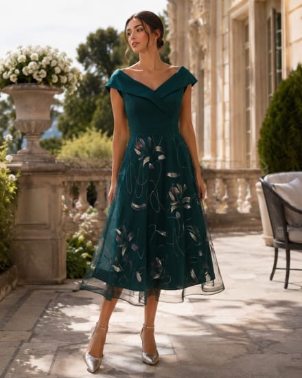 Ilana — robe 3/4 décolleté bateau crêpe et tulle métallisé