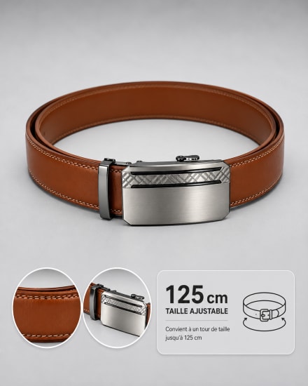 Ceinture homme cognac ajustable boucle automatique rectangulaire en métal argenté brossé